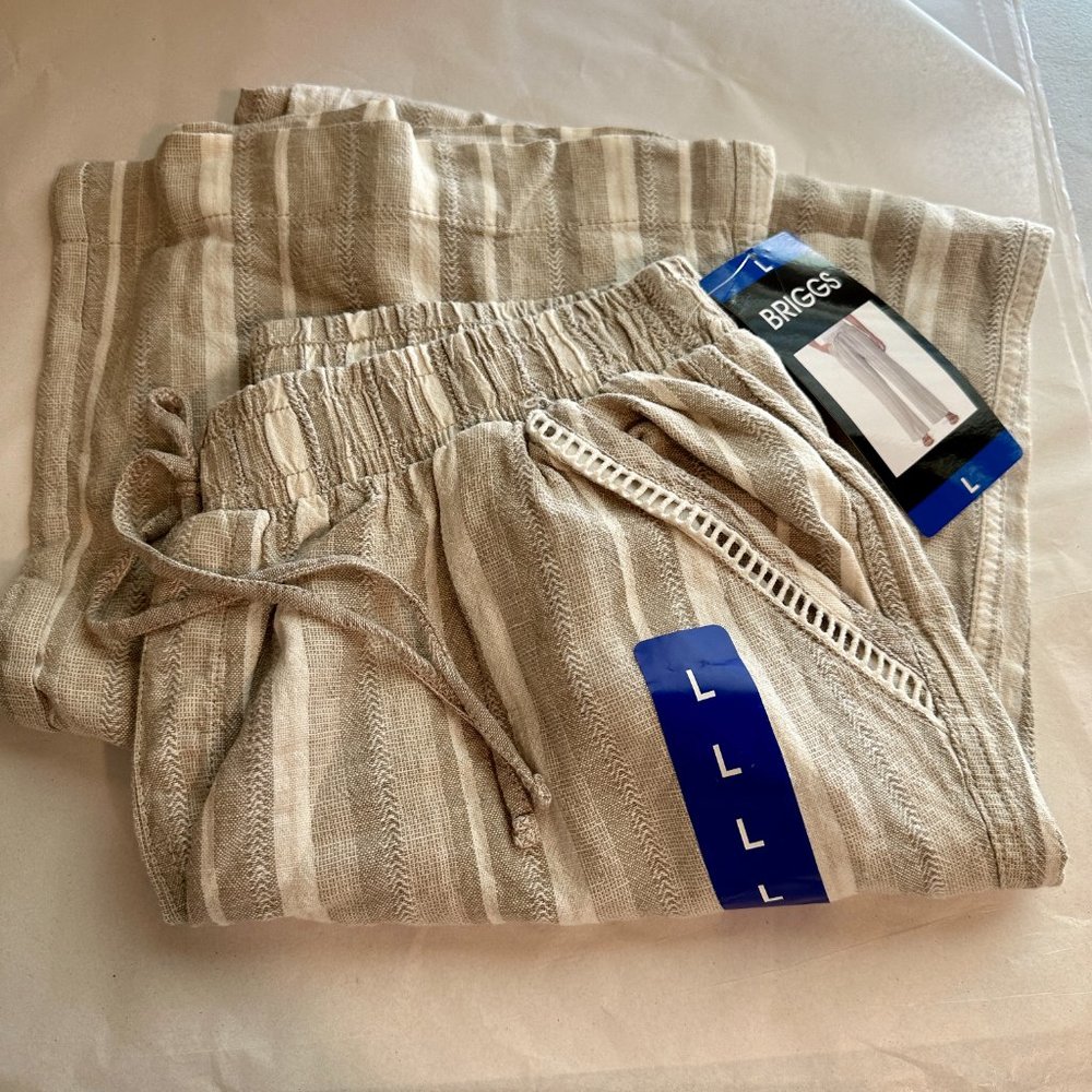 Briggs Linen Blend Pant Women's Size L Tan Striped Boho Beachy Cottagecore New - Picture 10 of 12